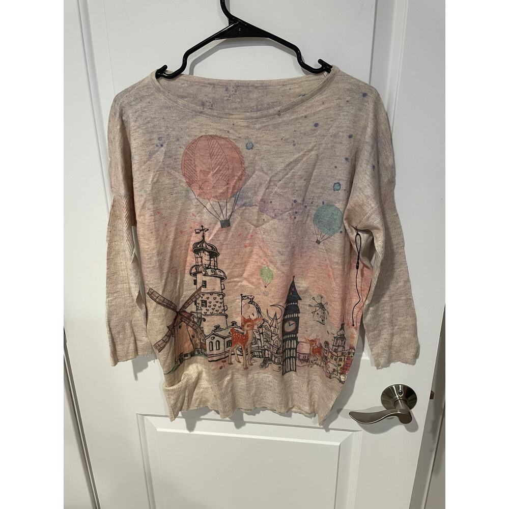 Whimsical hot air balloon clock town deer cotton pullover 3/4 sleeves one size